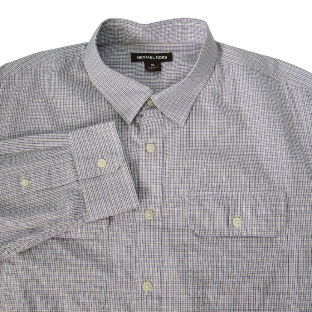 Michael Kors Mens XL Long Sleeve Shirt Purple Grid Check 100% Cotton Button Fron